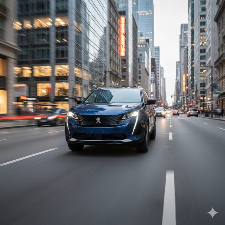 プジョー5008が都市を走っているイメージ画像