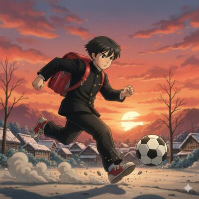 キャプテン翼:翼がサッカーボールを蹴って学校に行っているイメージ画像