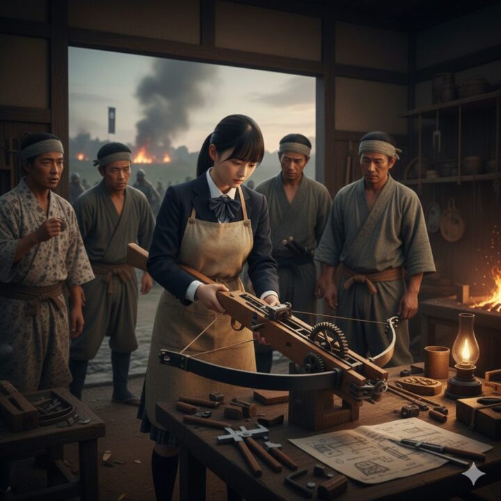 戦国小町苦労譚：静子がボウガンを開発しているイメージ画像