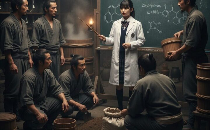 戦国小町苦労譚：静子が硝石の製造工程を教えているイメージ画像