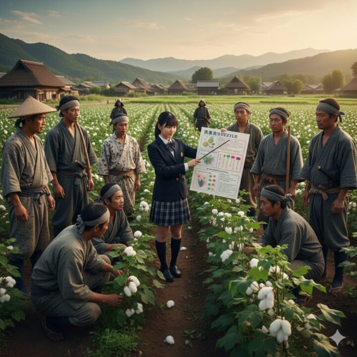 戦国小町苦労譚：静子が綿花栽培を指導しているイメージ画像