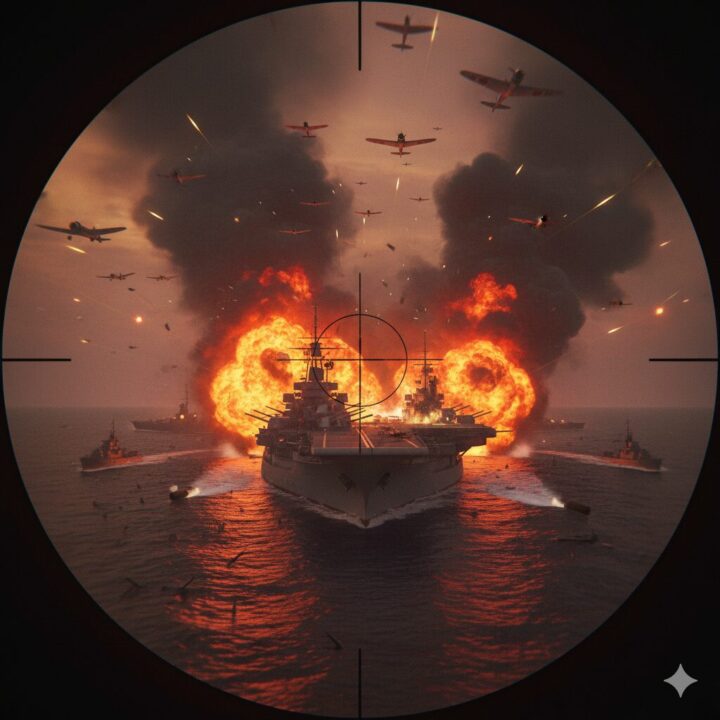 紺碧の艦に攻撃を受けているアメリカ艦隊のイメージ画像