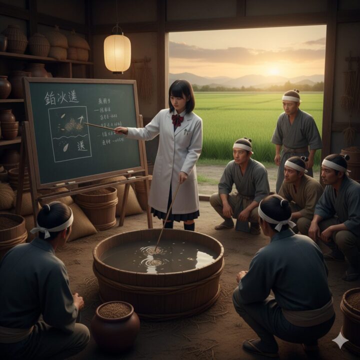 戦国小町苦労譚：静子が塩水選を農民に教えているイメージ画像