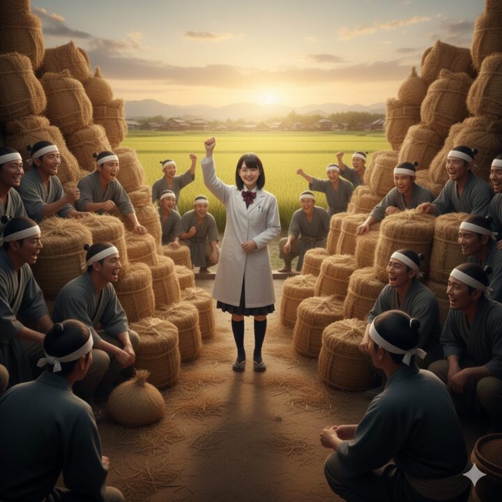 戦国小町苦労譚：静子の農業改革が成功し米俵の山が沢山あるイメージ画像