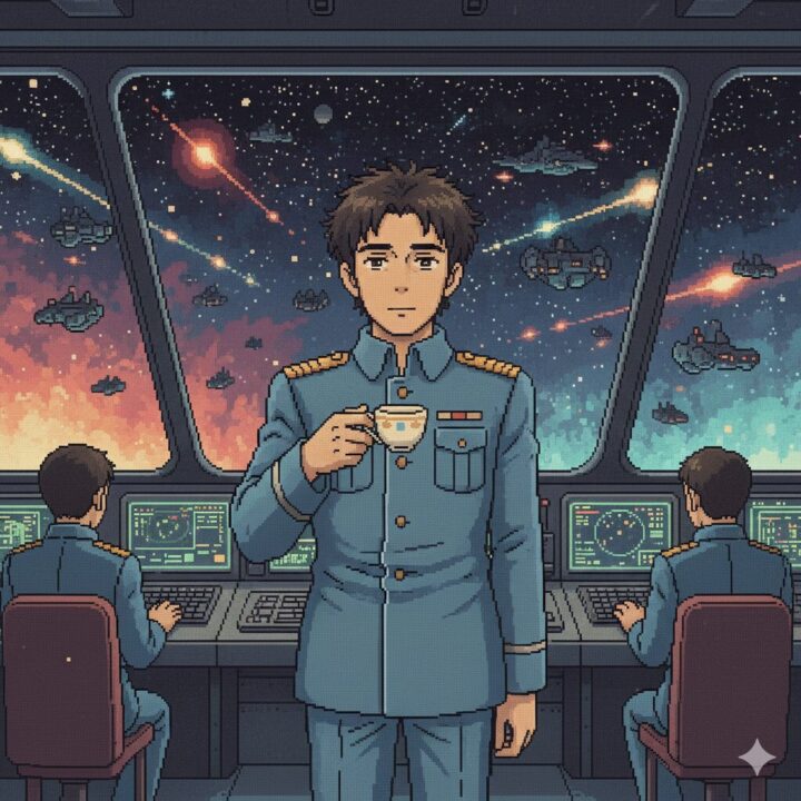 銀河英雄伝説：元帥になったヤンウェンリーが紅茶を飲んでいるイメージ画像