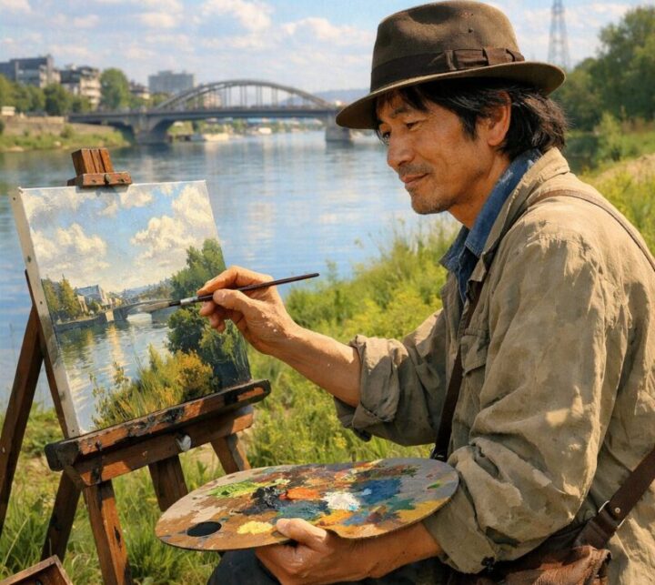 キャプテン翼:岬の父親が河川敷で絵を描いているイメージ画像