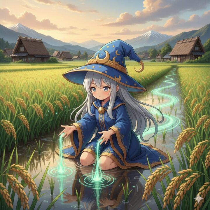 俺んちに来た女騎士:ルイーゼが田んぼに魔法をかけている