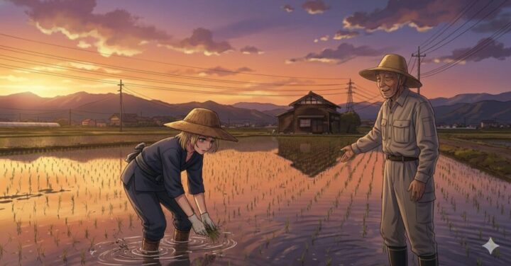 田んぼで拾った女騎士 :日本の田舎に慣れて農作業をしている女騎士のイメージ画像