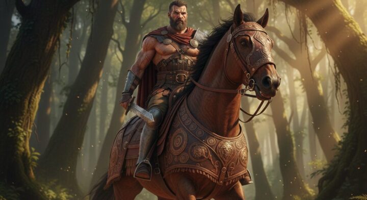 王国への続く道:剣闘士エイギルが馬に乗って森を走っているイメージ画像