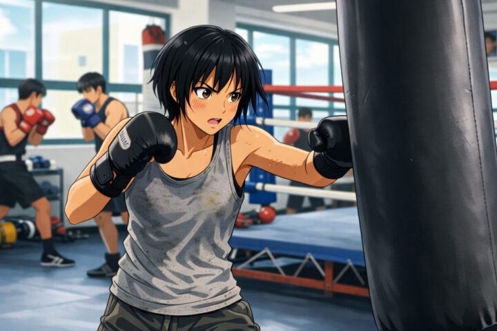 ドラゴンボール:ビーデルがサンドバッグを殴っているイメージ画像