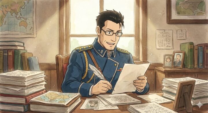 鋼の錬金術師:ヒューズ中佐が資料を読んでいる様子のイメージ画像