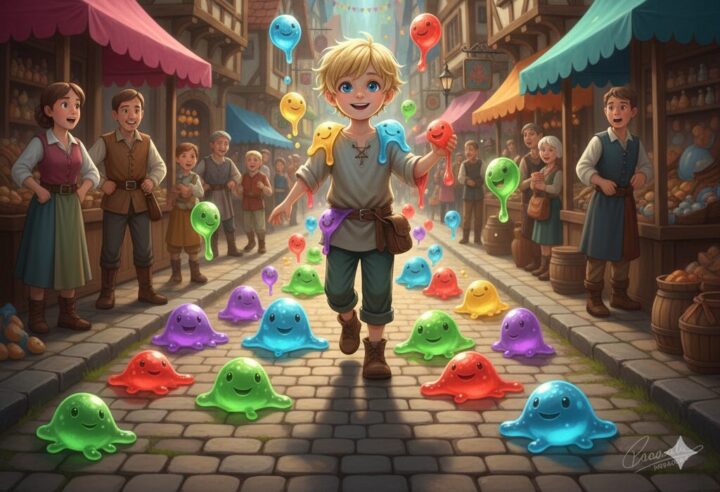 神達に拾われた男:リョウマとスライムたちが街を歩いているイメージ画像