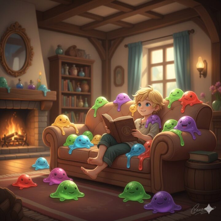 神達に拾われた男:リョウマとスライムたちが自宅でくつろいでいるイメージ画像