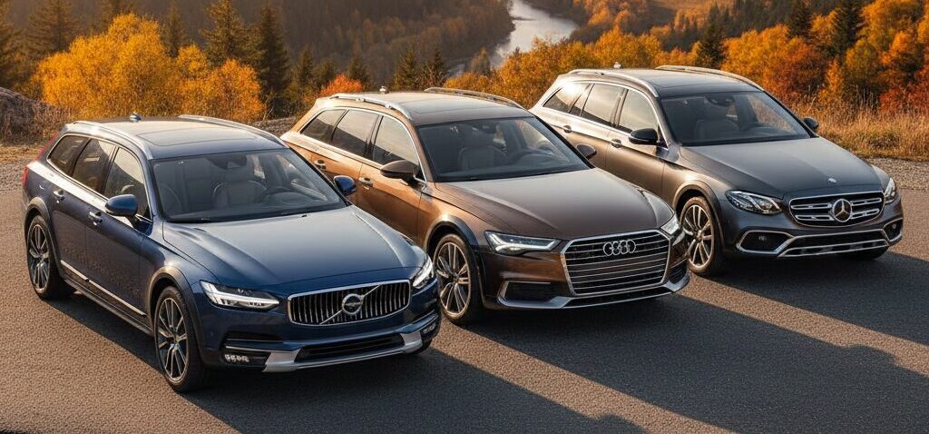 手前からボルボ V90クロスカントリー（ブルー）、中央にアウディ A6 allroad（ブラウン）、奥にメルセデス・ベンツ Eクラス オールテレイン（グレー）のイメージ画像