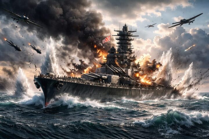 アルキメデス大戦:櫂 直が作り出した戦艦大和が爆撃機から攻撃を受けているイメージ画像