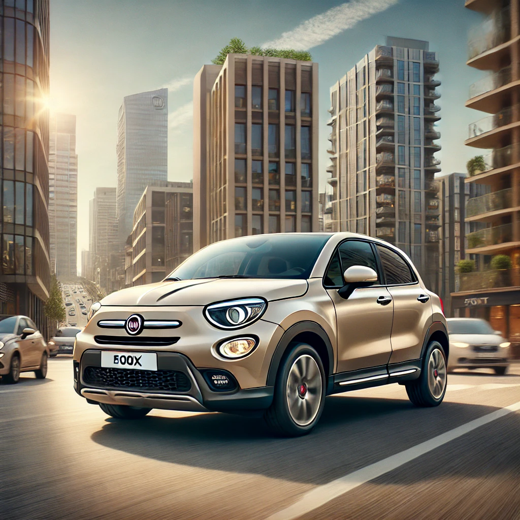 サンド（ベージュ）フィアット500Xが都市を走っているイメージ画像