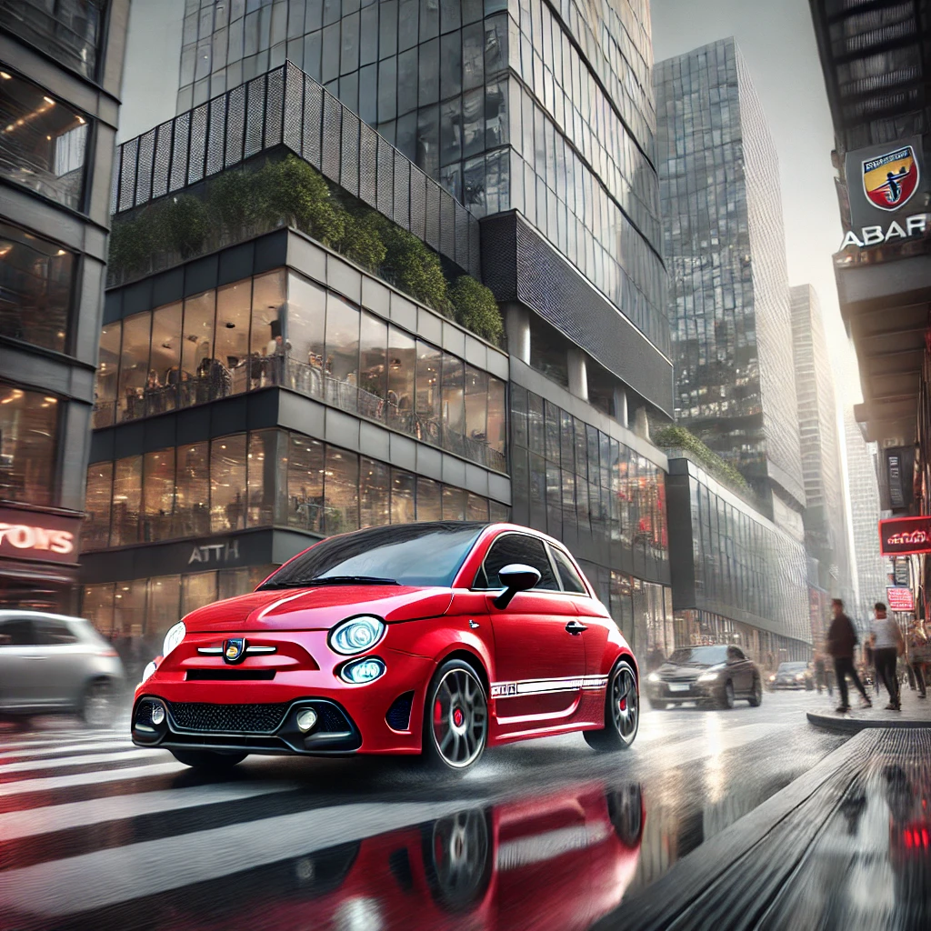 赤のアバルト595が都市を走っているイメージ画像