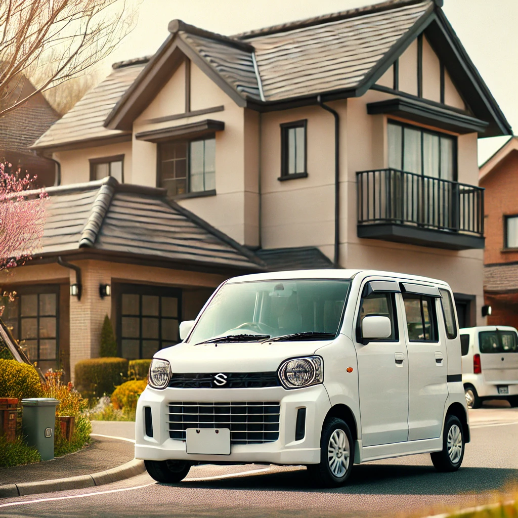 パールホワイトのムーブキャンパスが家の前に駐車しているイメージ画像