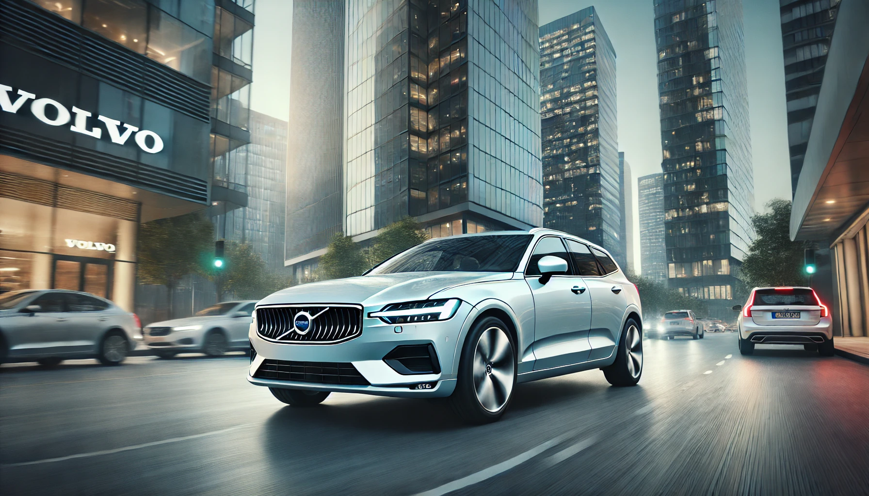 アイスホワイトボルボv60が都市を走っているイメージ画像