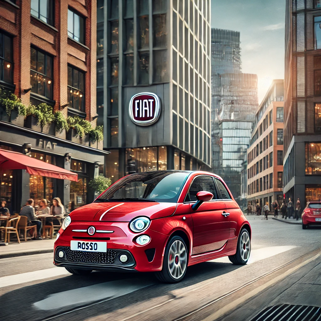 ロッソのフィアット500が都市を走っているイメージ画像