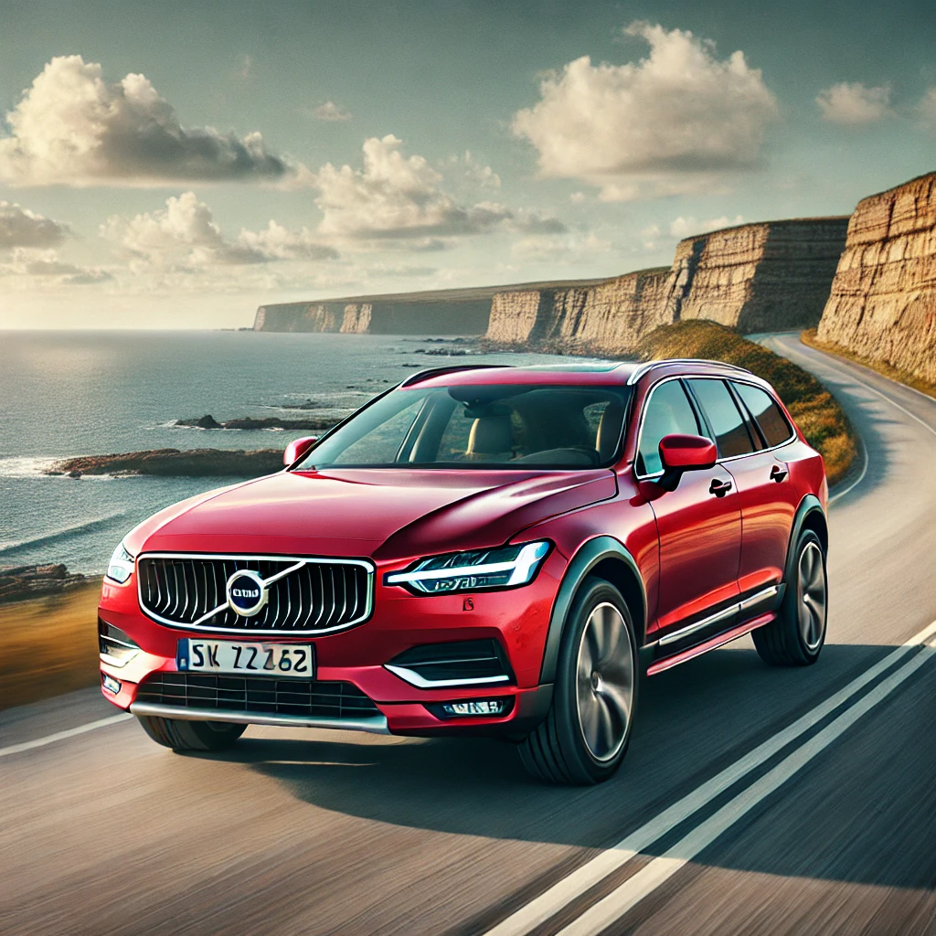 レッドの ボルボ V90 クロスカントリーが海沿いを走っているイメージ画像