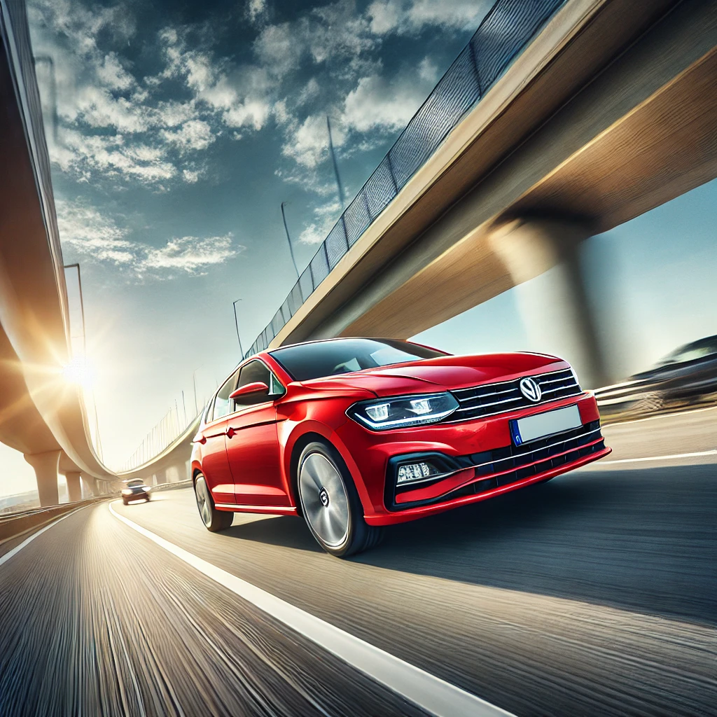フォルクスワーゲン　ポロ（赤）が高速道路を走っているイメージ画像