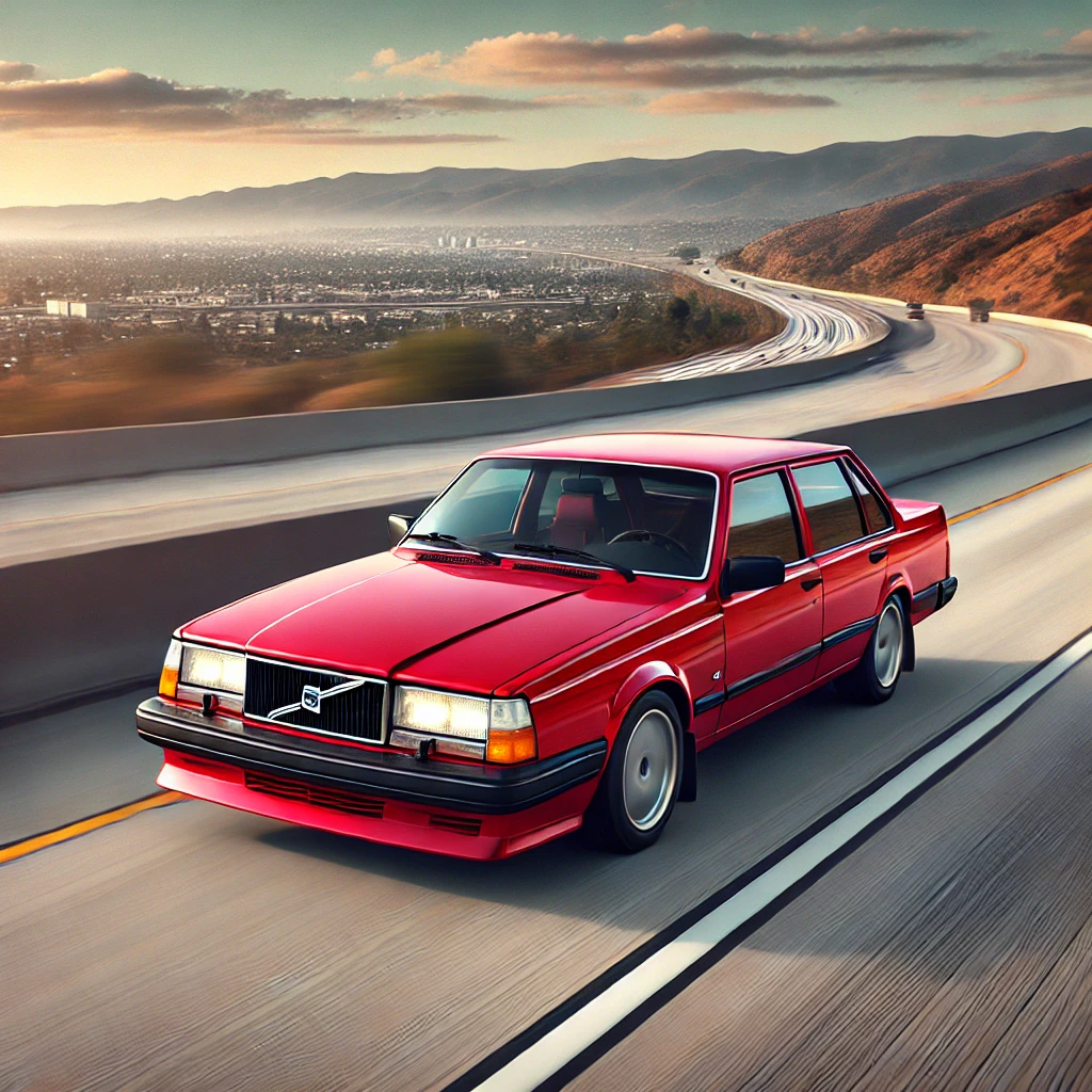 Image of a red Volvo 940 driving on the highway