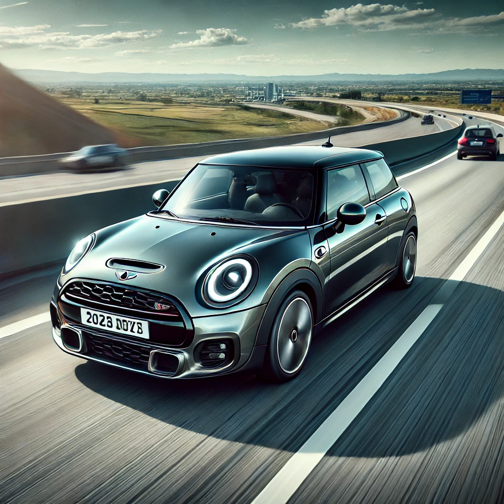 サンダー・グレー THE NEW MINI COOPER (5 DOOR).が高速道路を走っているイメージ画像