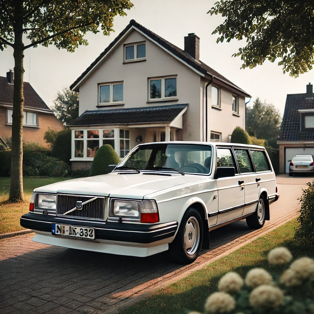 ホワイトのボルボ940エステートが家の前に駐車しているイメージ画像