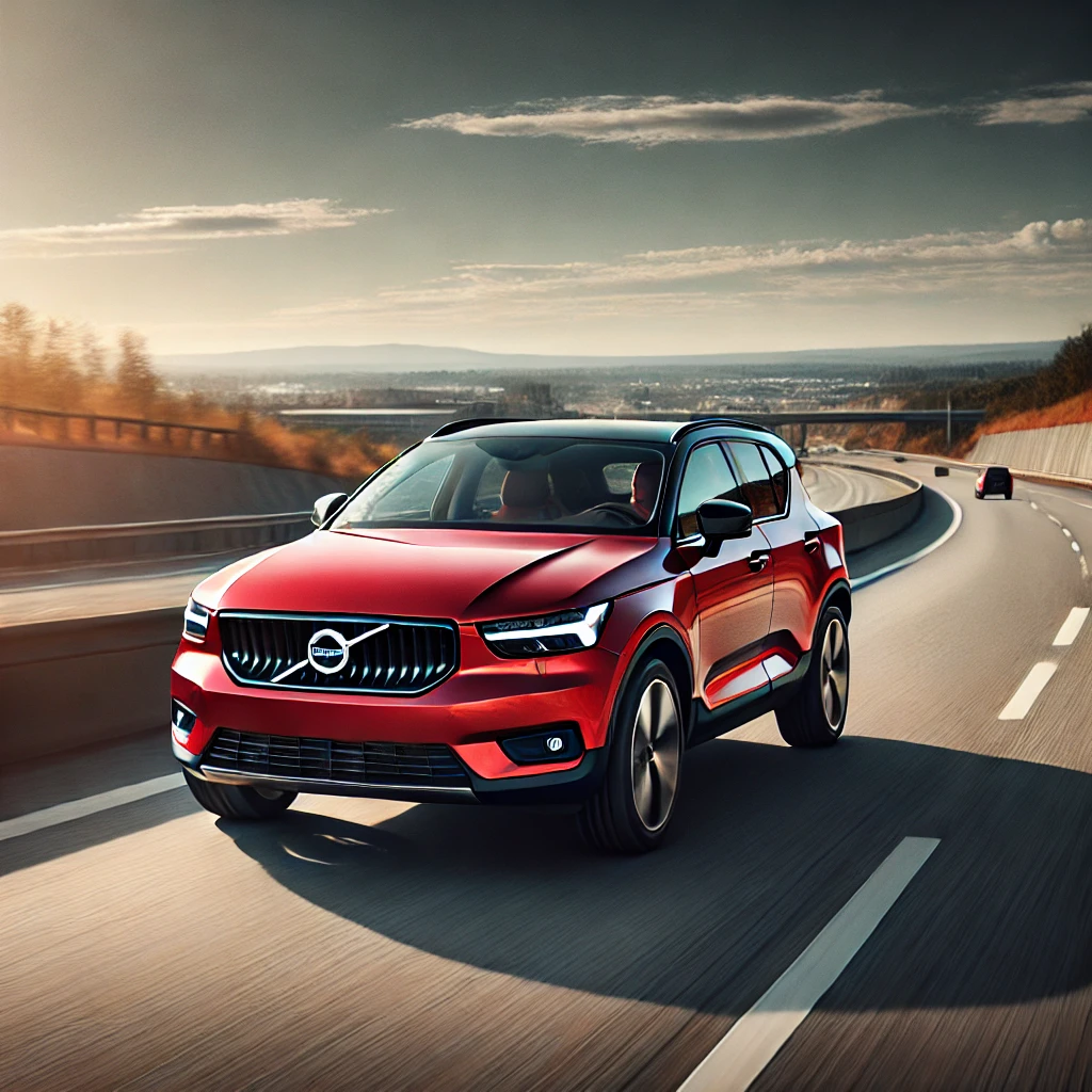 フュージョンレッドメタリックのボルボXC40が高速道路を走っているイメージ画像