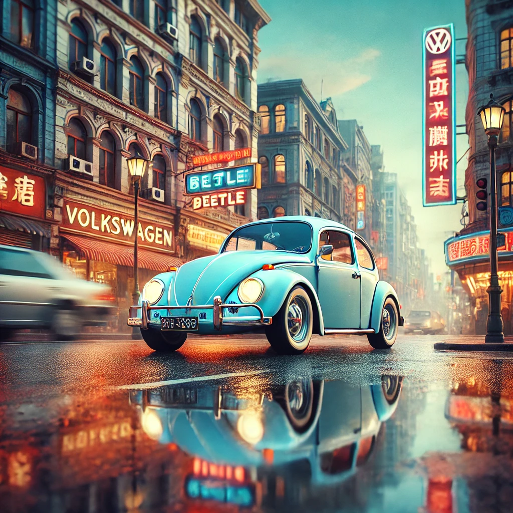 空冷ビートル（水色）が都市を走っているイメージ画像