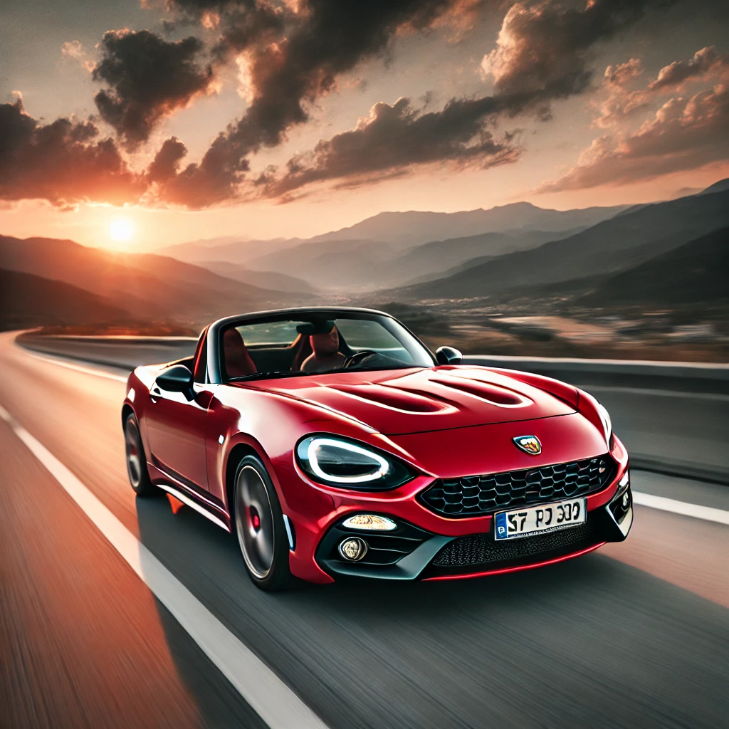 アバルト124スパイダーロッソ（赤）が高速道路を走っているイメージ画像