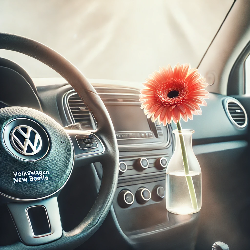 ニュービートルのフラワーベースにガーベラの花が咲いているイメージ画像