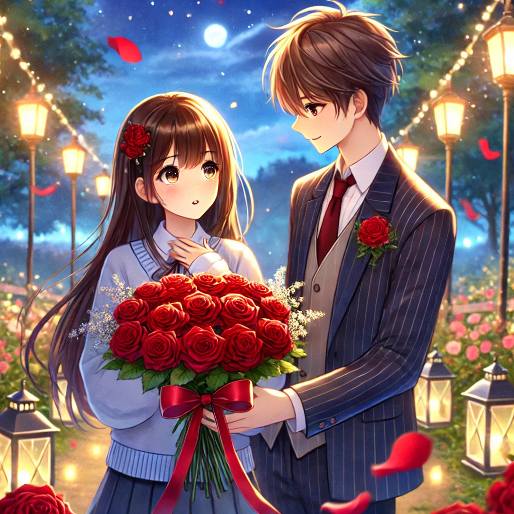 彼女に100本の赤いバラを渡すシーンのイメージ画像