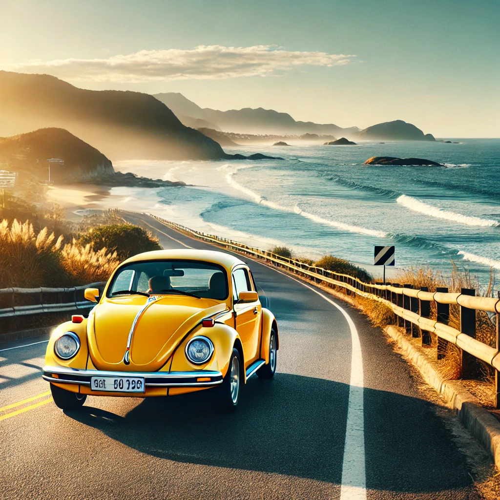 サンシャインイエローのザ・ビートルが海沿いを走っているイメージ画像