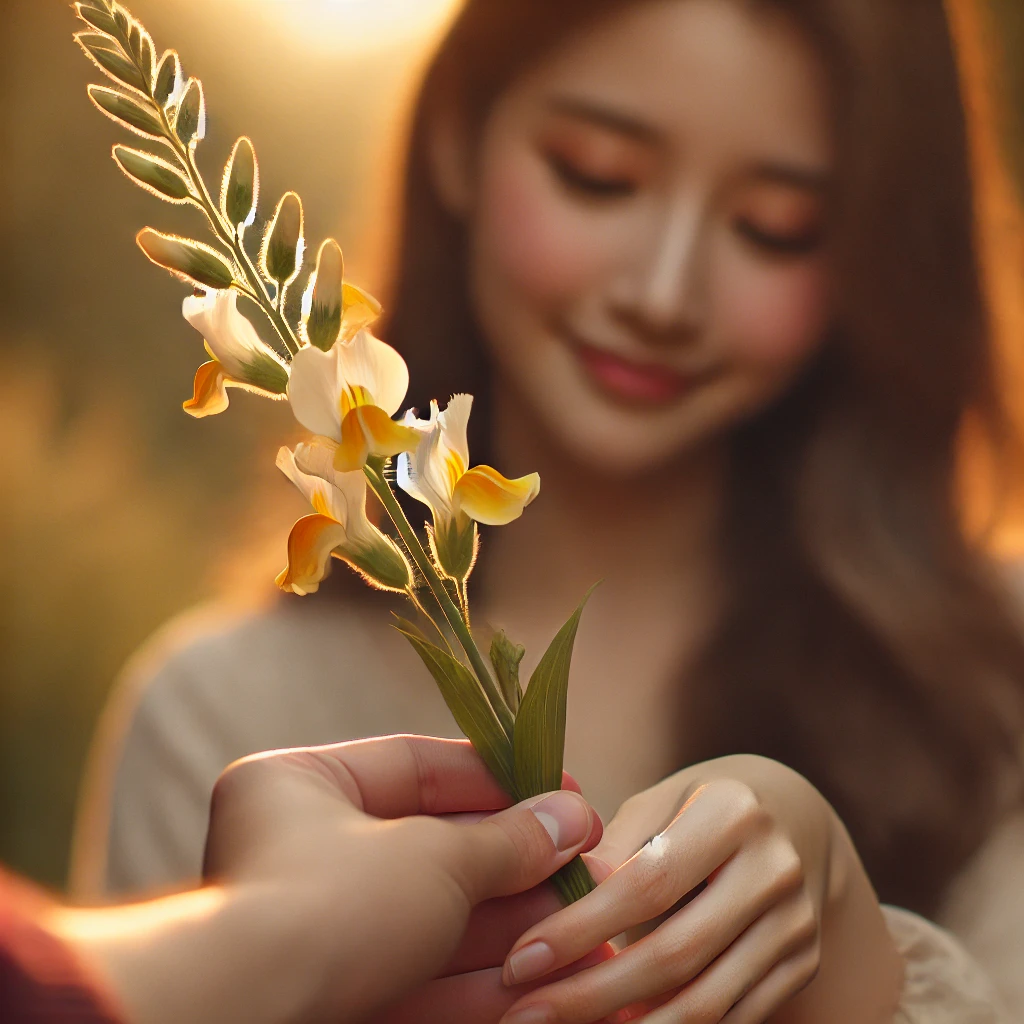 リナリアの花を彼女に渡しているイメージ画像　