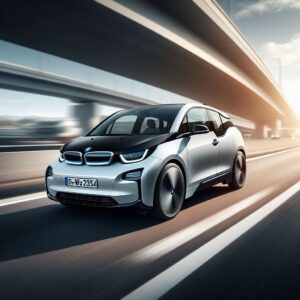 BMW i3のツートンカラーのホワイトとブラックが高速道路を走っているイメージ画像