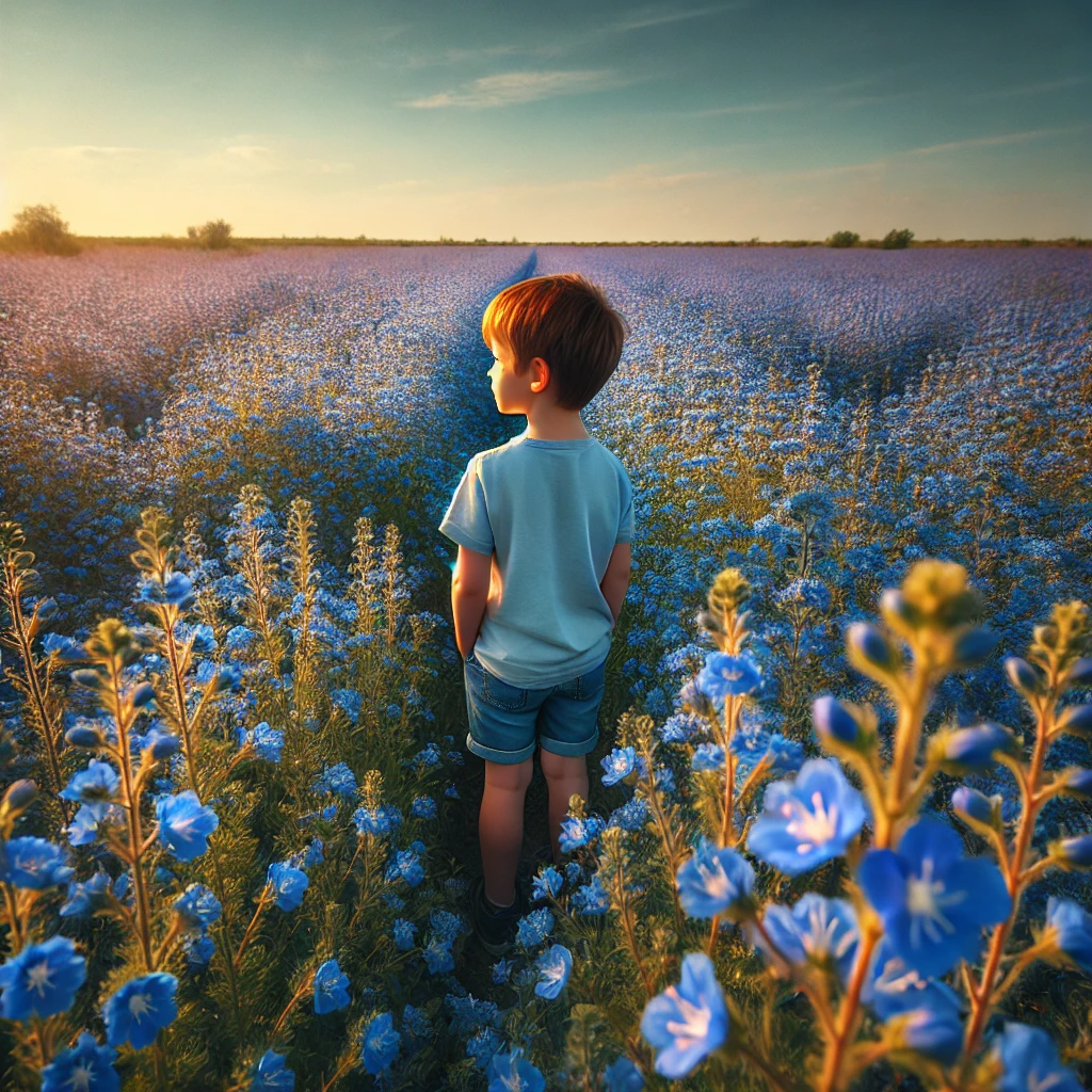 オオイヌノフグリの花畑にいる少年のイメージ画像
