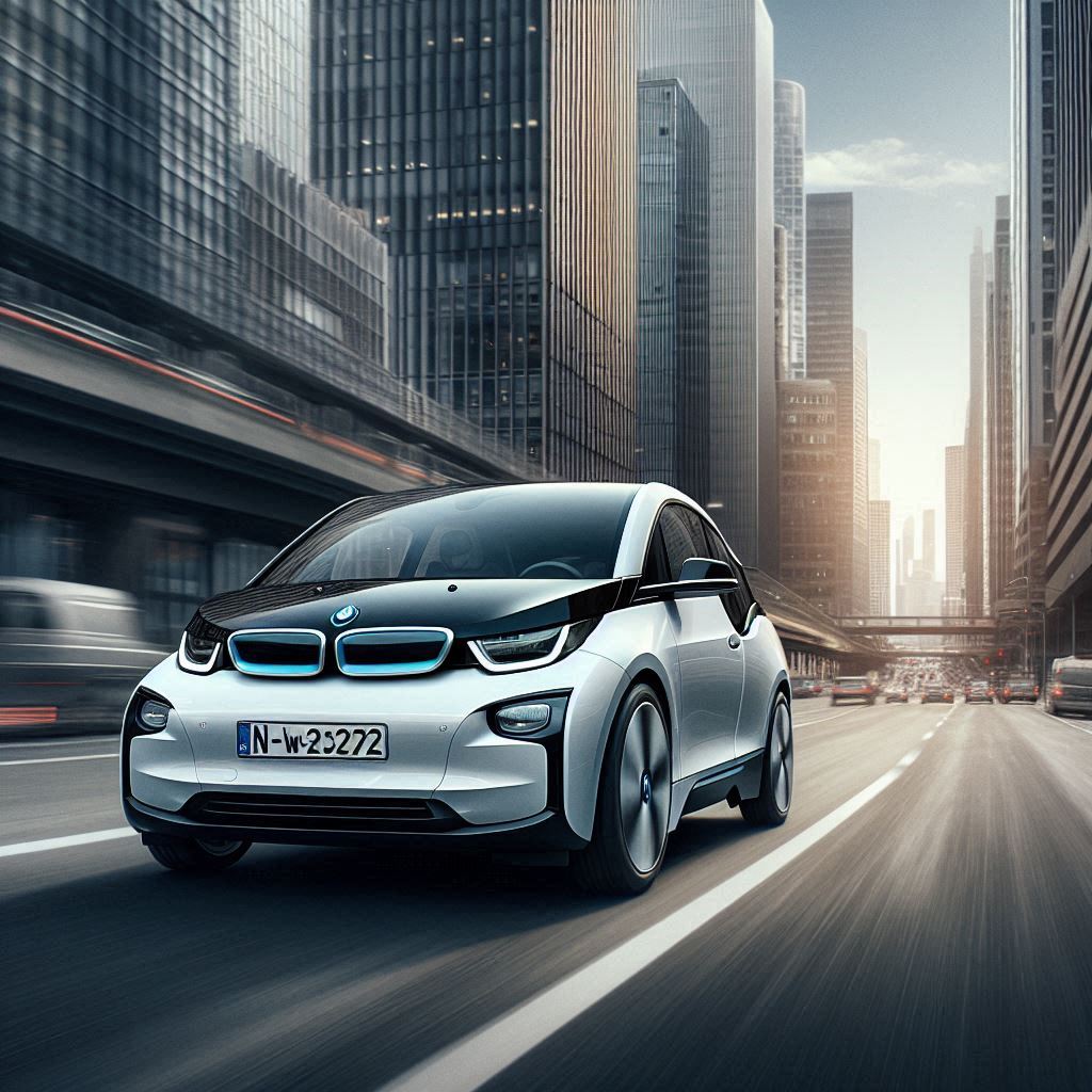 BMW i3のツートンカラーのホワイトとブラックが都市を走っているイメージ画像