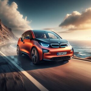 BMW i3のボルカニックオレンジ 海沿いの道を走っているイメージ画像