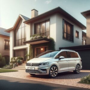 フォルクスワーゲン シャランのホワイトが家の前に駐車しているイメージ画像