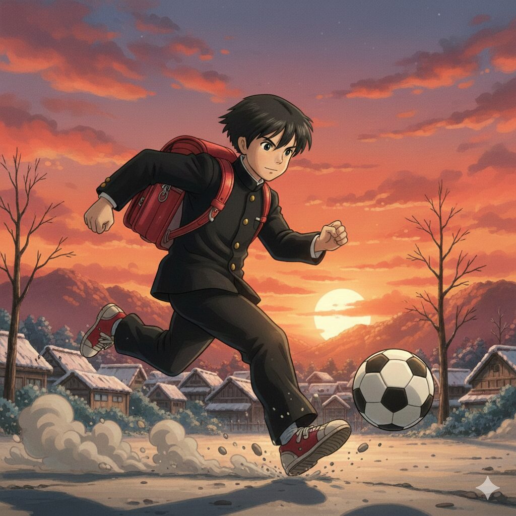 キャプテン翼:翼がサッカーボールを蹴って学校に行っているイメージ画像