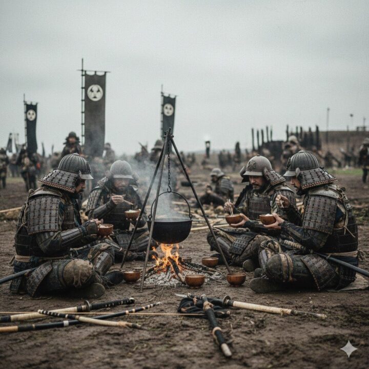 戦場で静子の作ったインスタント味噌汁を飲むイメージ画像
