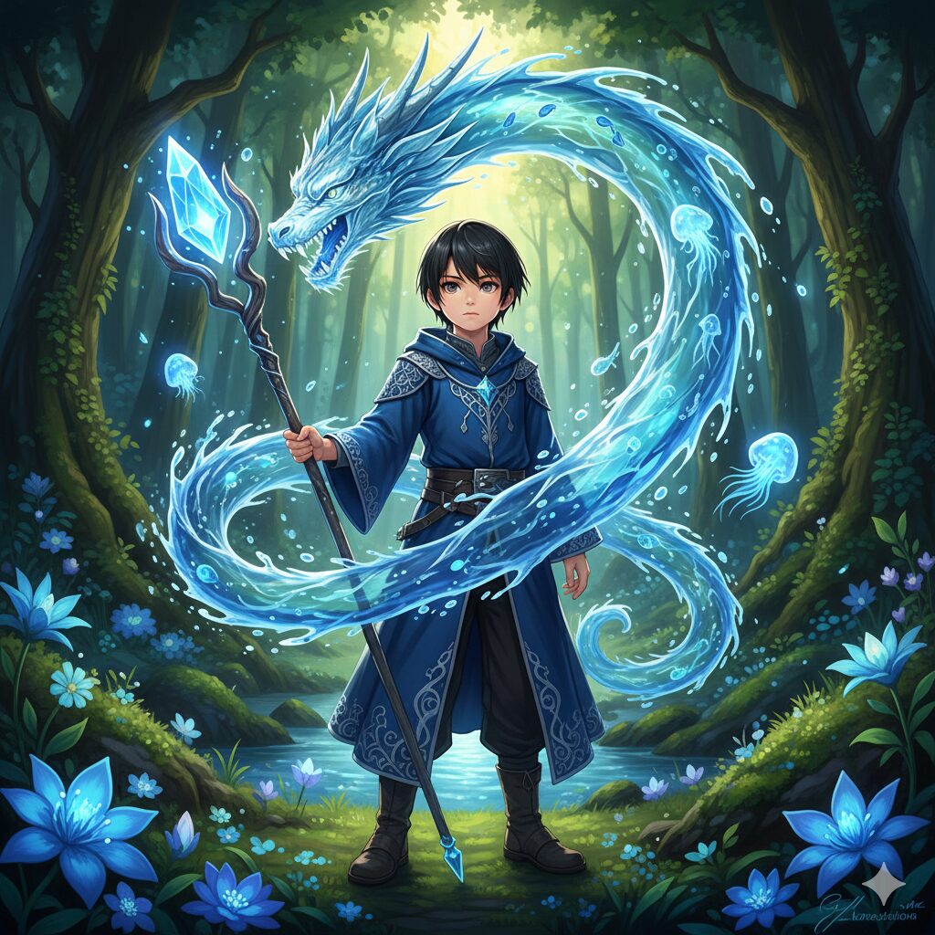 水属性の魔法使い:リョウが水魔法を使用しているイメージ画像