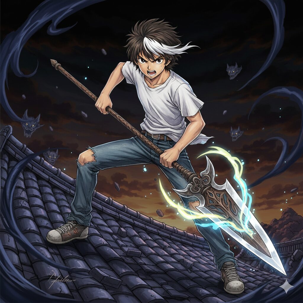 うしおととら:潮が寺の屋上で戦闘しているイメージ画像